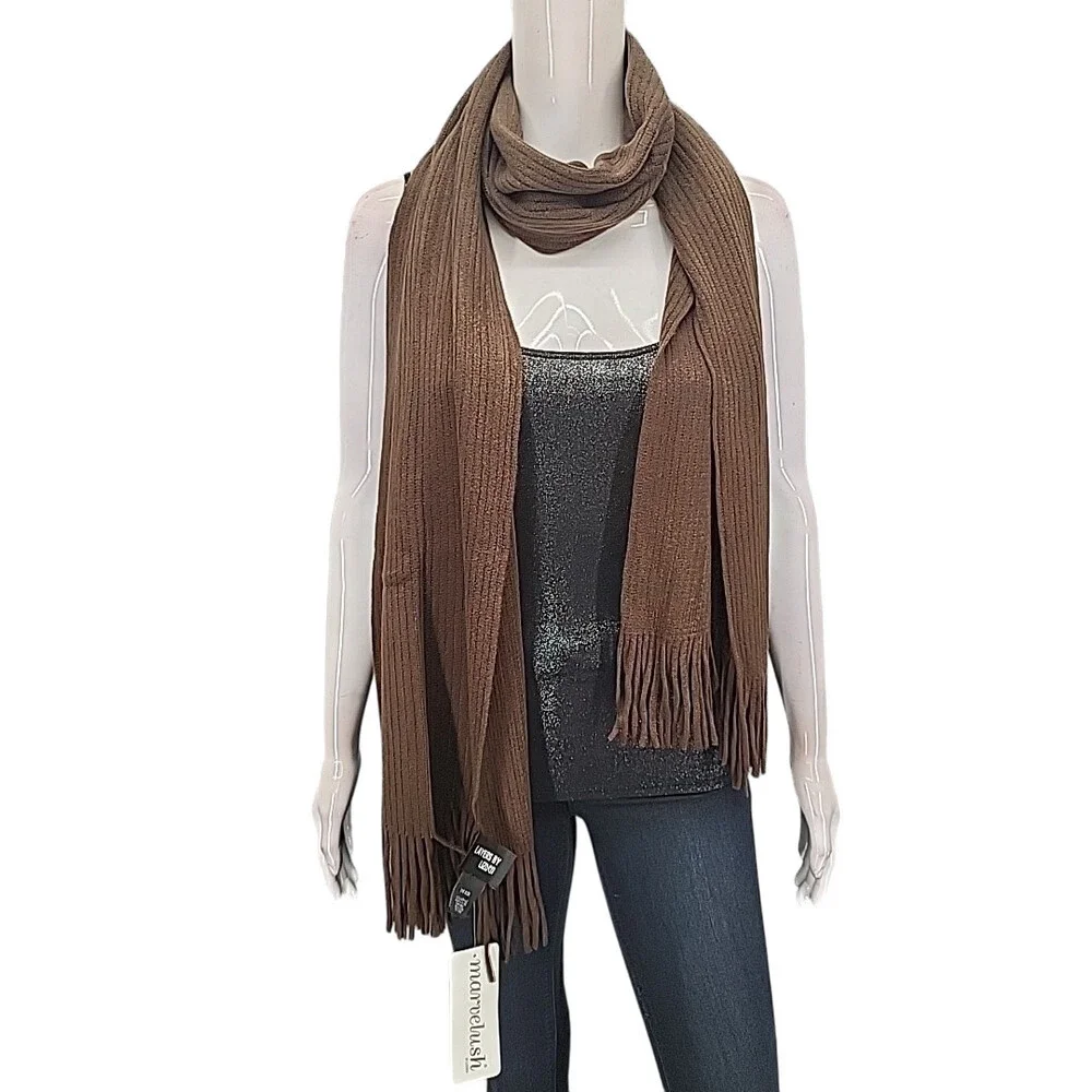 Marvelush Layers by Lizden Women's Brown Ribbed Knit Scarf w/ Fringe One Size